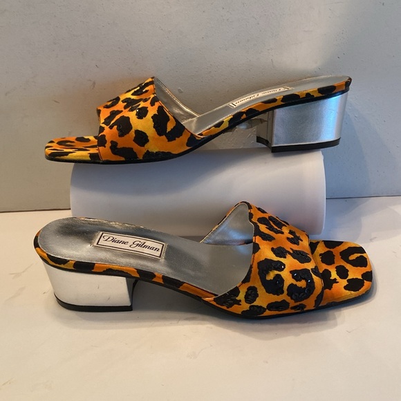 Diane Gilman leopard orange black sequin square toe chunky block heel slides - Picture 12 of 16
